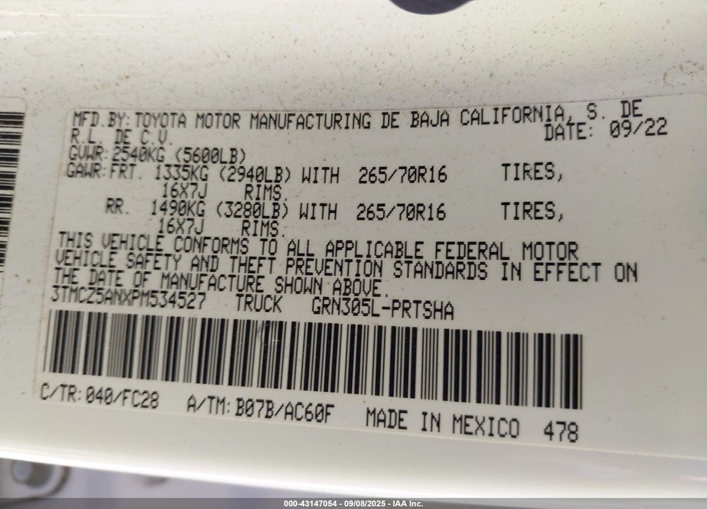2023 TOYOTA TACOMA VIN: 3TMCZ5ANXPM534527