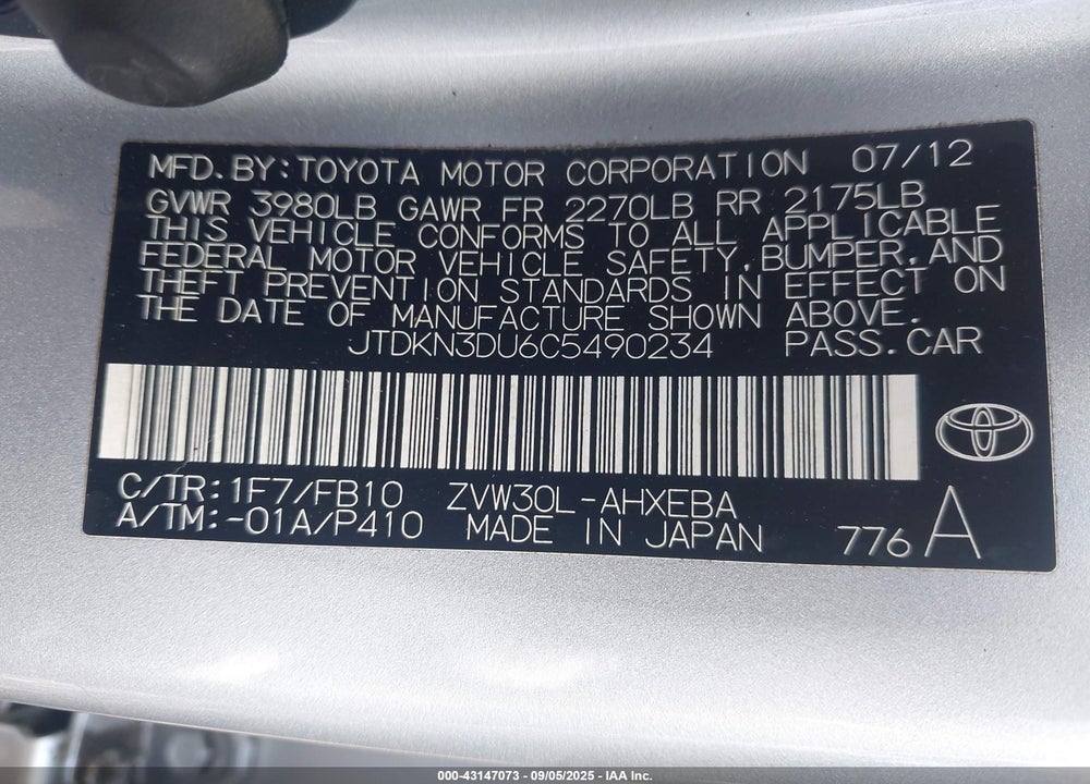 2012 TOYOTA PRIUS VIN: JTDKN3DU6C5490234
