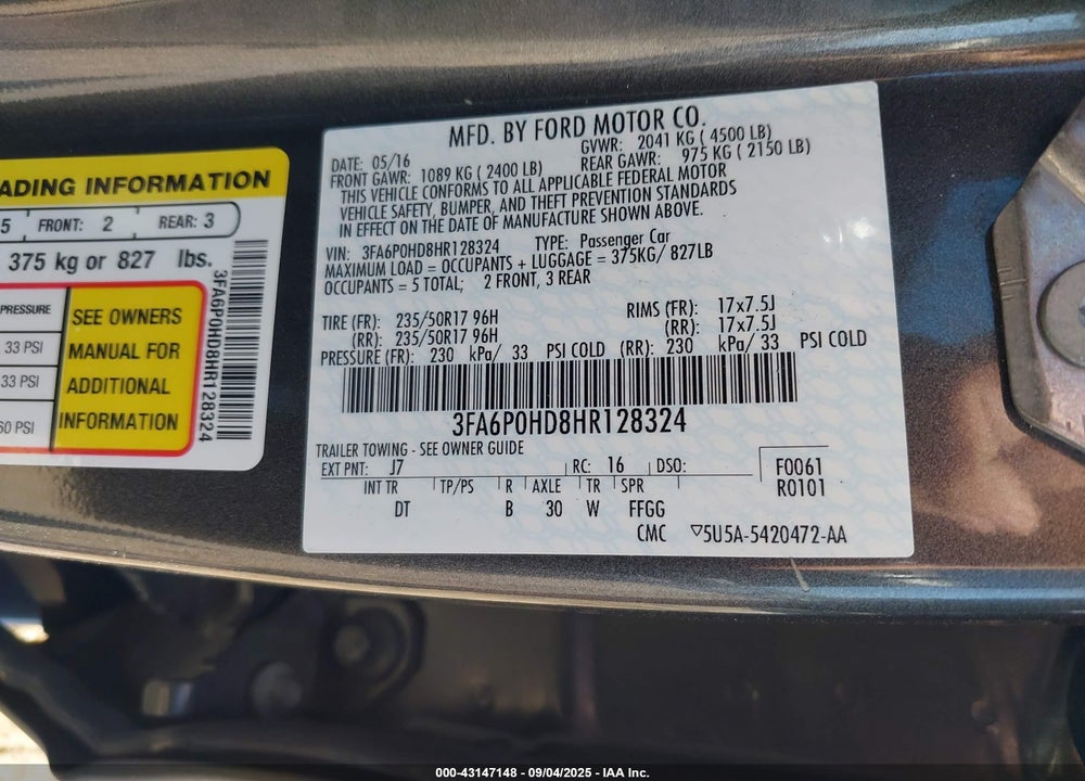 2017 FORD FUSION VIN: 3FA6P0HD8HR128324