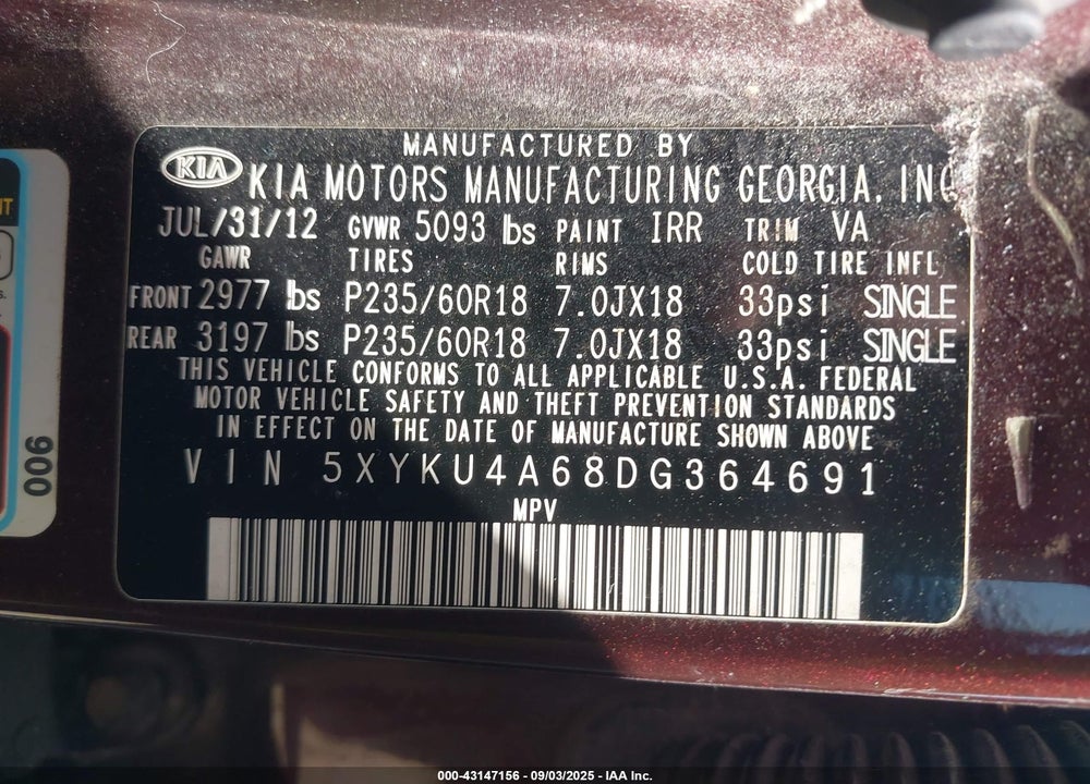 2013 KIA SORENTO VIN: 5XYKU4A68DG364691