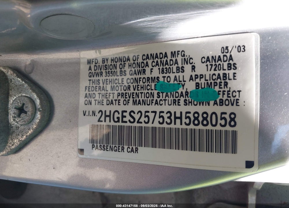 2003 HONDA CIVIC EX VIN: 2HGES25753H588058