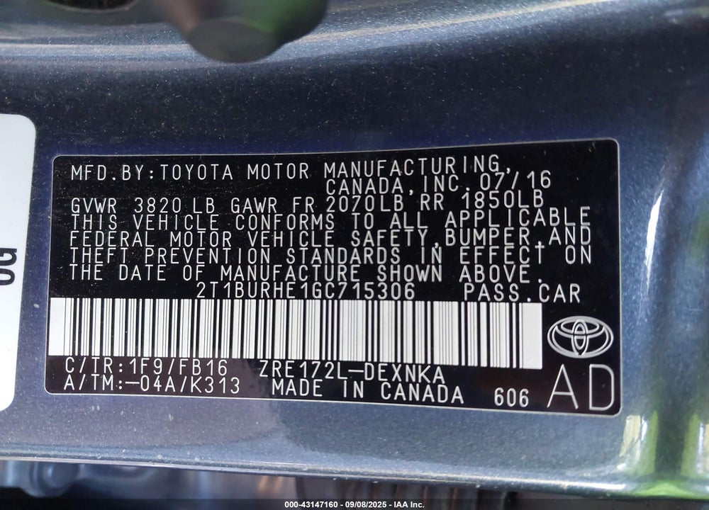 2016 TOYOTA COROLLA VIN: 2T1BURHE1GC715306