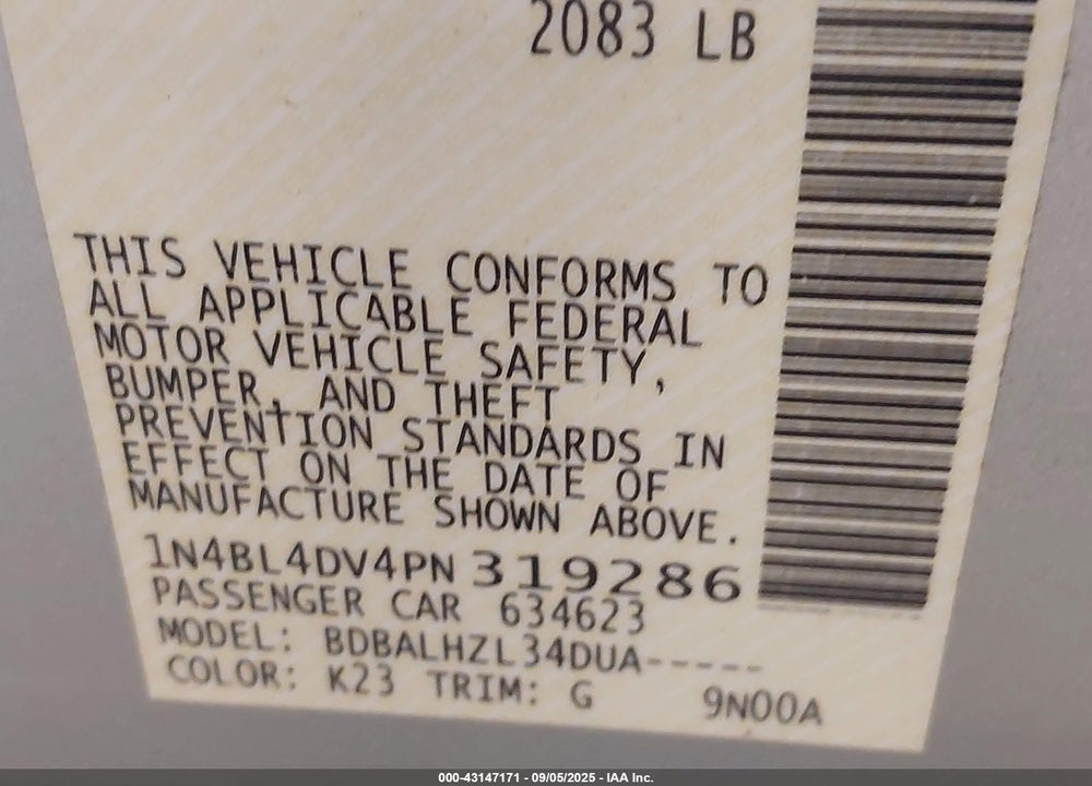 2023 NISSAN ALTIMA VIN: 1N4BL4DV4PN319286