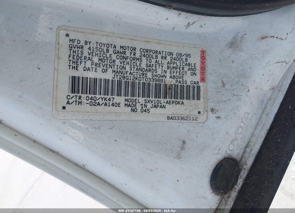1996 TOYOTA CAMRY DX/LE/XLE VIN: JT2BG12K0T0339881