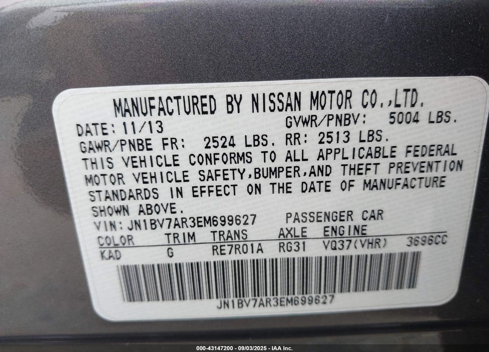 2014 INFINITI Q50 VIN: JN1BV7AR3EM699627