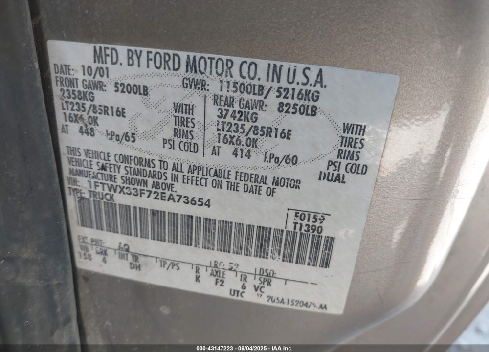 2002 FORD F-350 LARIAT/XL/XLT VIN: 1FTWX33F72EA73654