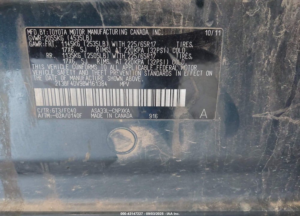 2011 TOYOTA RAV4 VIN: 2T3BF4DV9BW161384