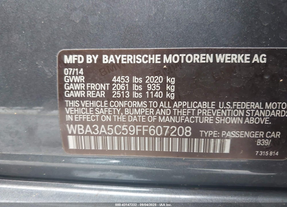 2015 BMW 328I VIN: WBA3A5C59FF607208