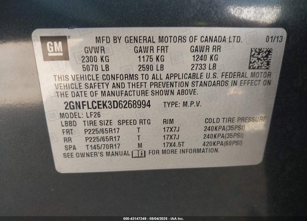 2013 CHEVROLET EQUINOX VIN: 2GNFLCEK3D6268994