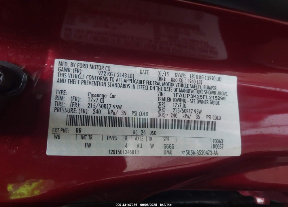 2015 FORD FOCUS VIN: 1FADP3K25FL215299