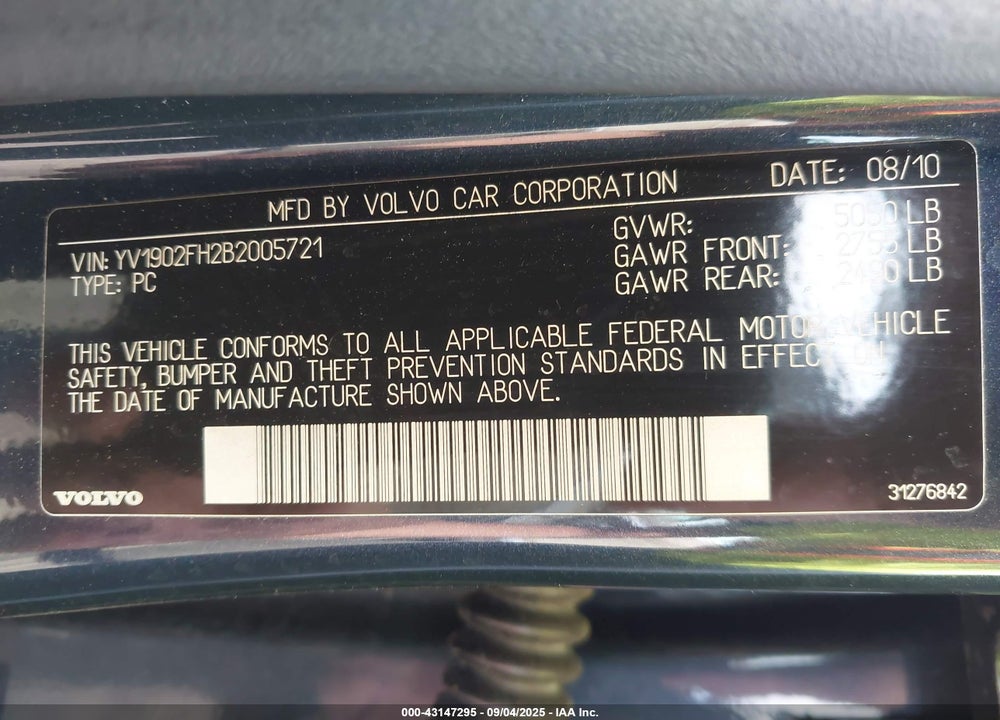 2011 VOLVO S60 VIN: YV1902FH2B2005721