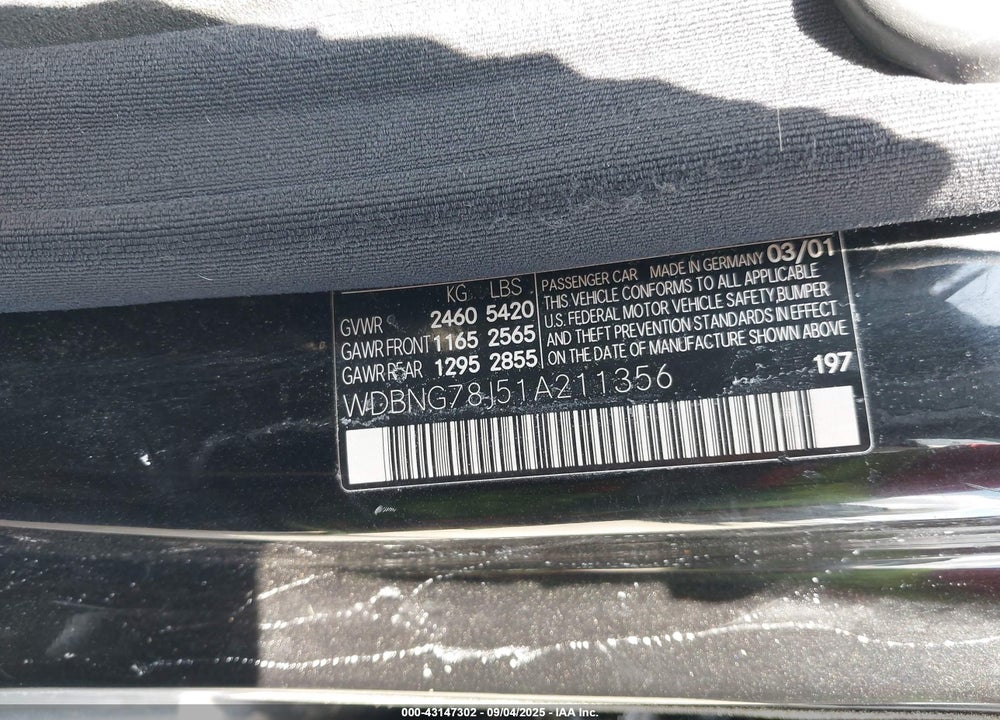 2001 MERCEDES-BENZ S 600 VIN: WDBNG78J51A211356
