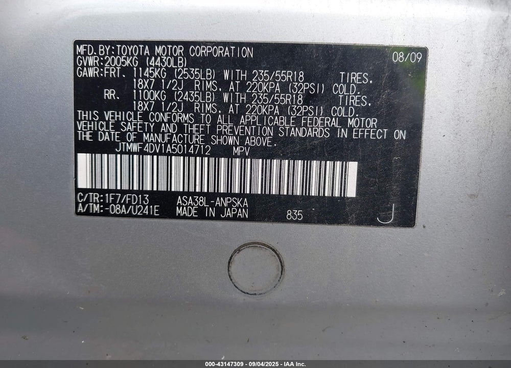 2010 TOYOTA RAV4 VIN: JTMWF4DV1A5014712