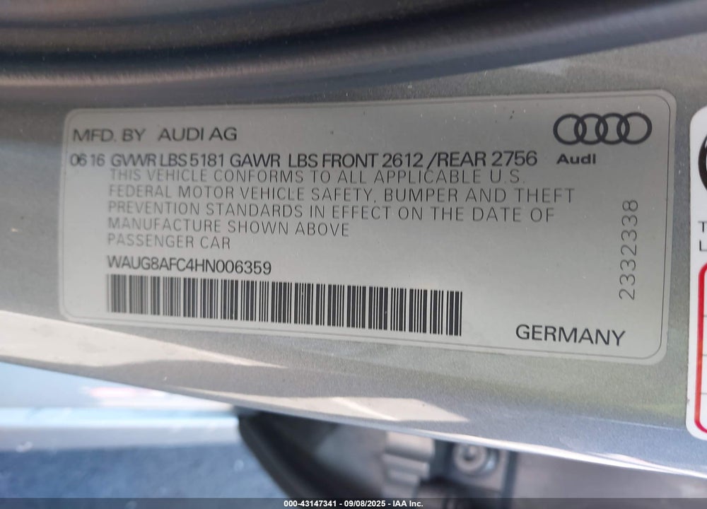 2017 AUDI A6 VIN: WAUG8AFC4HN006359