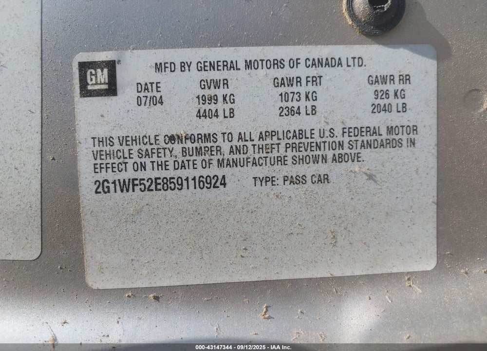 2005 CHEVROLET IMPALA VIN: 2G1WF52E859116924