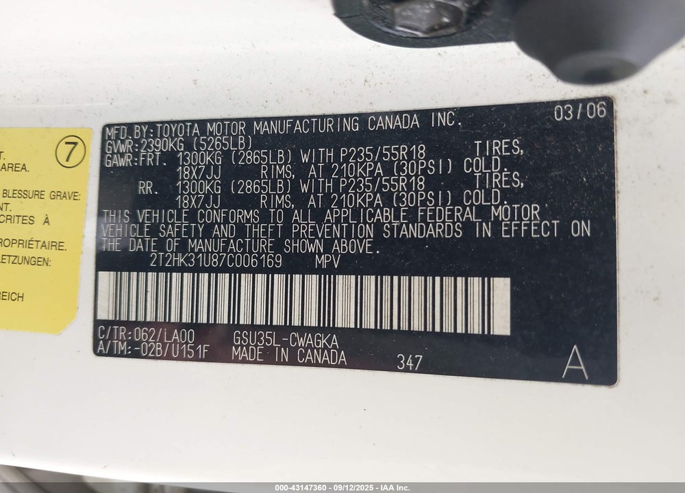2007 LEXUS RX 350 VIN: 2T2HK31U87C006169