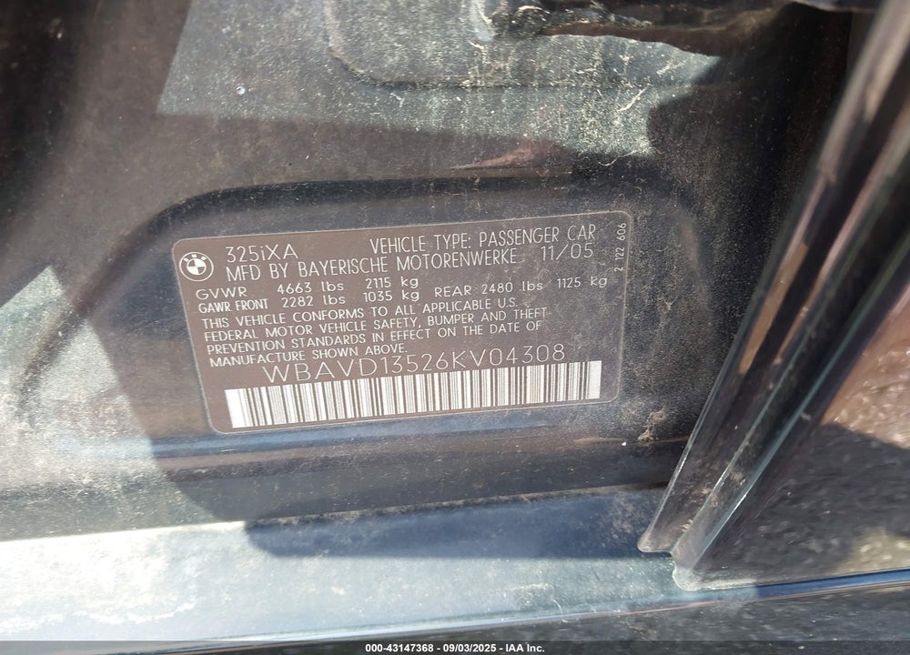 2006 BMW 325XI VIN: WBAVD13526KV04308