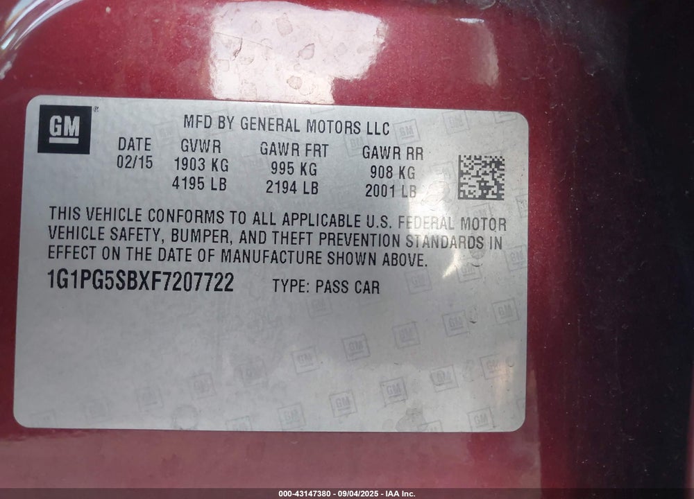2015 CHEVROLET CRUZE VIN: 1G1PG5SBXF7207722