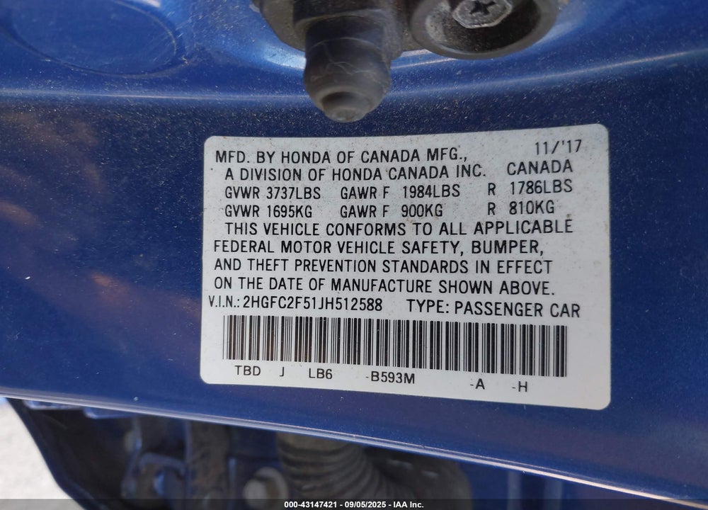 2018 HONDA CIVIC VIN: 2HGFC2F51JH512588
