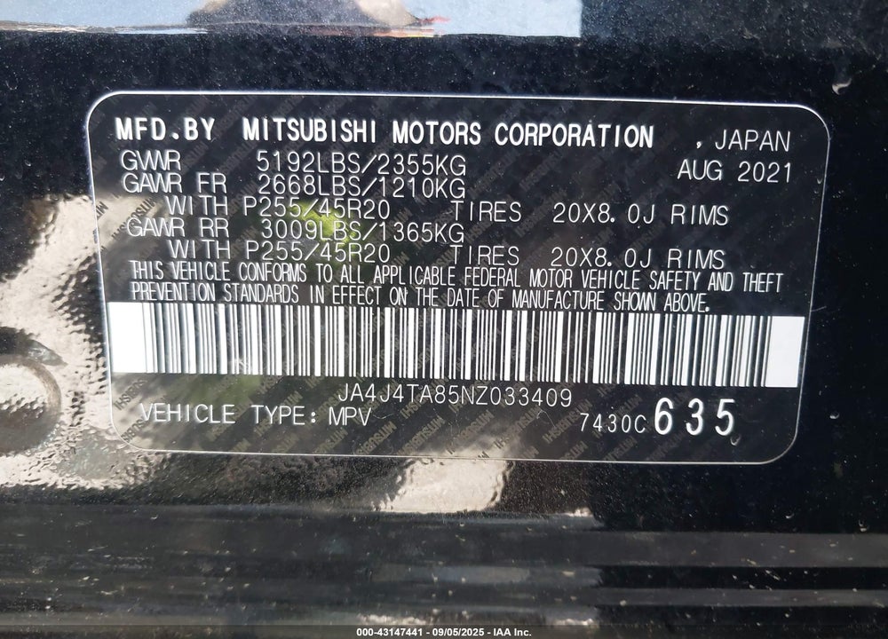 2022 MITSUBISHI OUTLANDER VIN: JA4J4TA85NZ033409