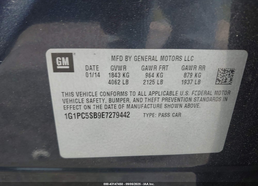 2014 CHEVROLET CRUZE VIN: 1G1PC5SB9E7279442