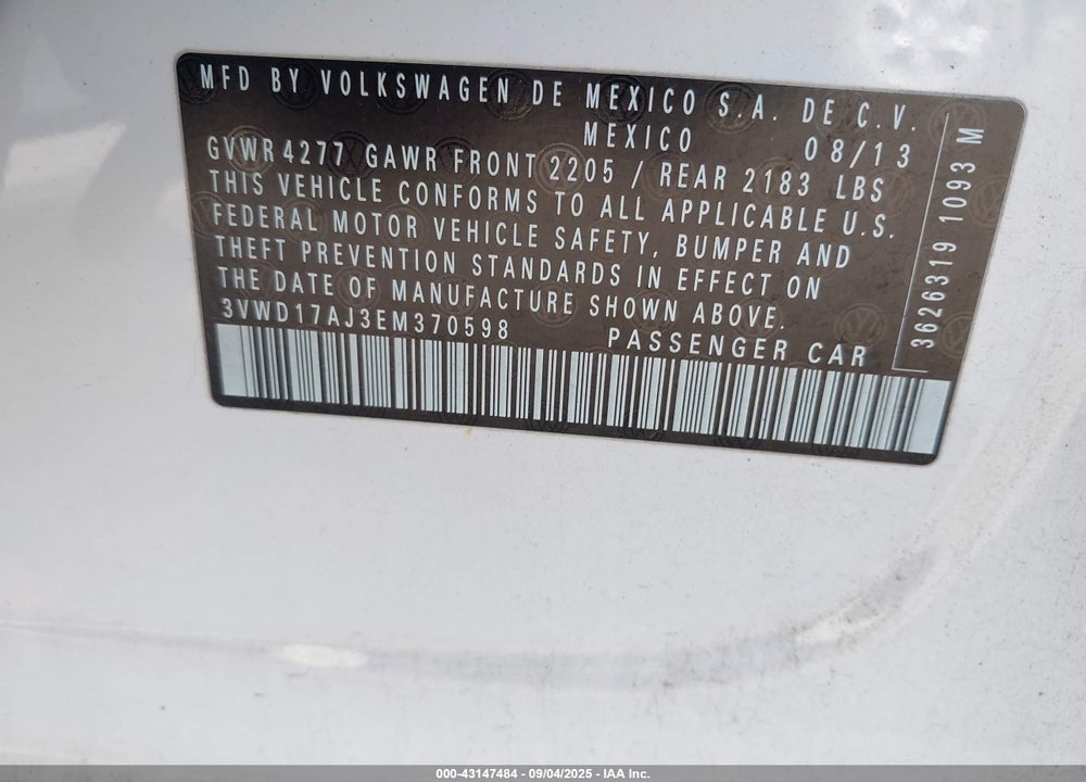 2014 VOLKSWAGEN JETTA VIN: 3VWD17AJ3EM370598