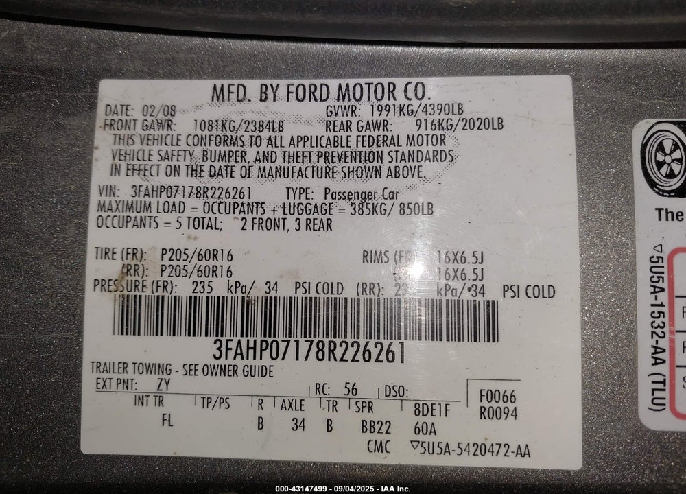 2008 FORD FUSION SE VIN: 3FAHP07178R226261