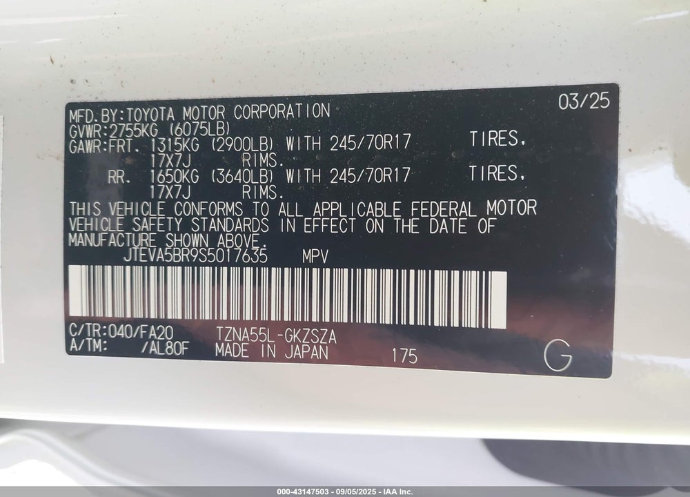 2025 TOYOTA 4RUNNER VIN: JTEVA5BR9S5017635