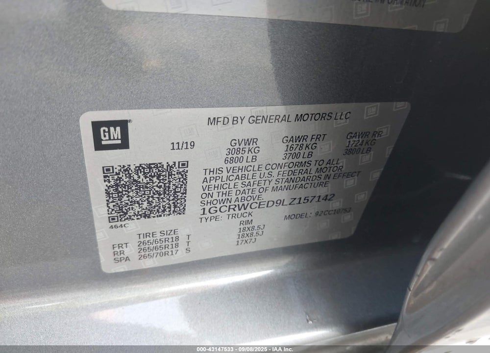 2020 CHEVROLET SILVERADO 1500 VIN: 1GCRWCED9LZ157142