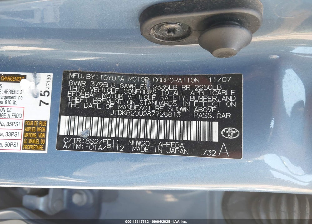 2008 TOYOTA PRIUS VIN: JTDKB20U287728813