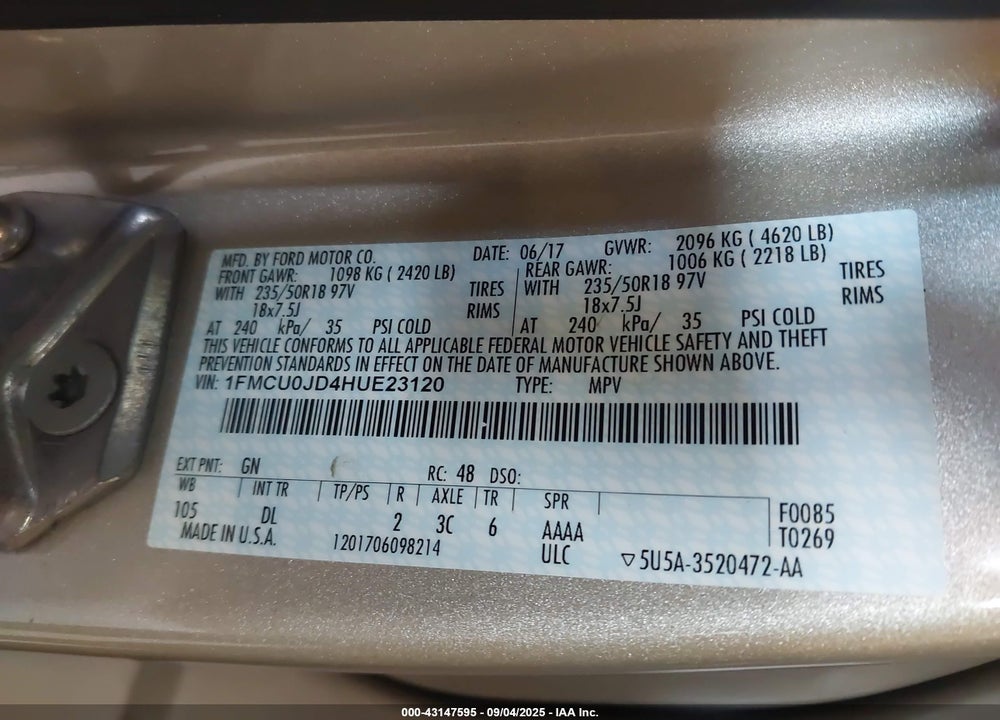 2017 FORD ESCAPE VIN: 1FMCU0JD4HUE23120
