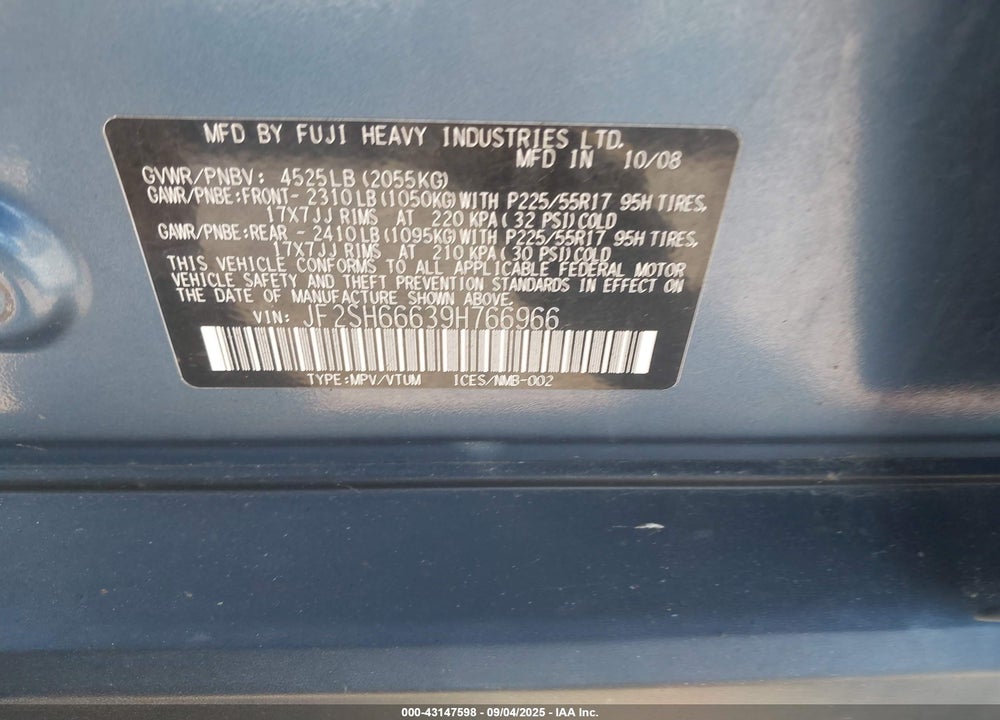 2009 SUBARU FORESTER VIN: JF2SH66639H766966