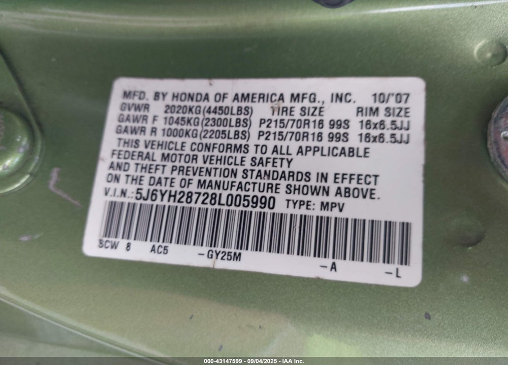 2008 HONDA ELEMENT EX VIN: 5J6YH28728L005990