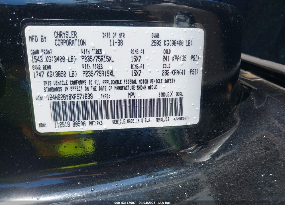 1999 DODGE DURANGO VIN: 1B4HS28Y8XF571839