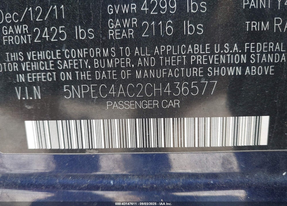 2012 HYUNDAI SONATA SE VIN: 5NPEC4AC2CH436577