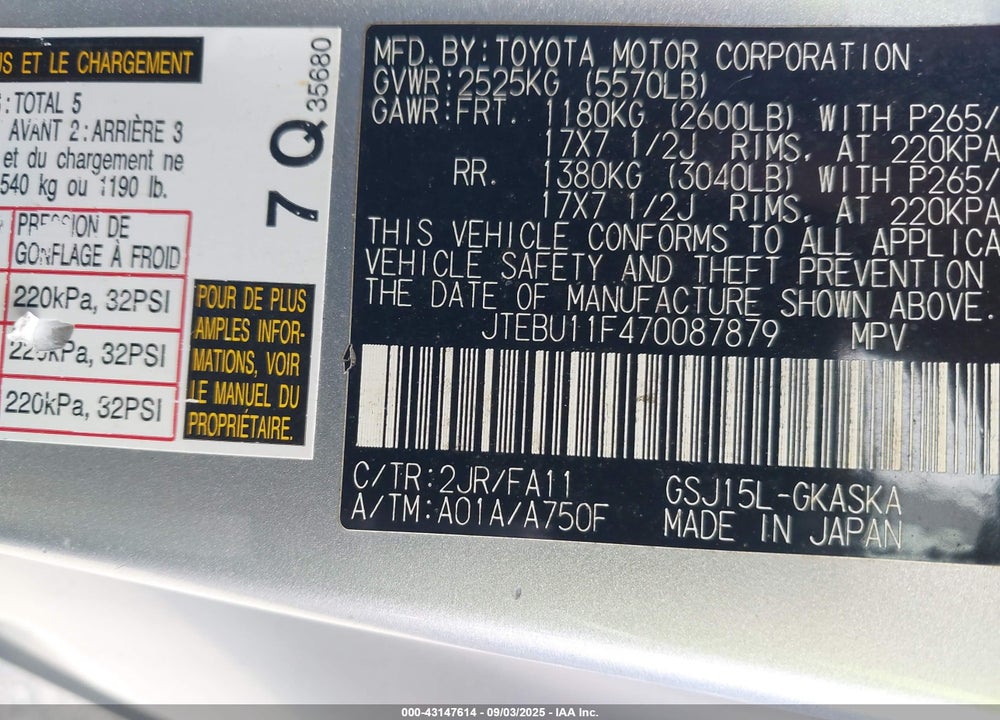 2007 TOYOTA FJ CRUISER VIN: JTEBU11F470087879