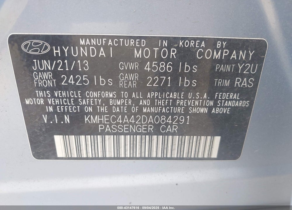 2013 HYUNDAI SONATA HYBRID VIN: KMHEC4A42DA084291