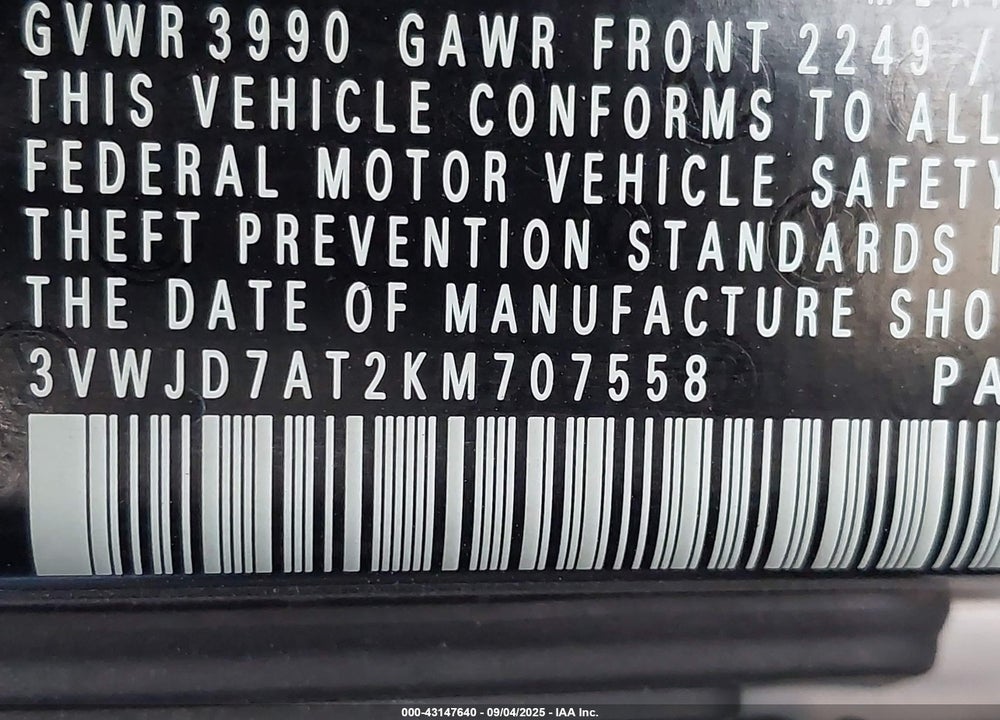 2019 VOLKSWAGEN BEETLE VIN: 3VWJD7AT2KM707558