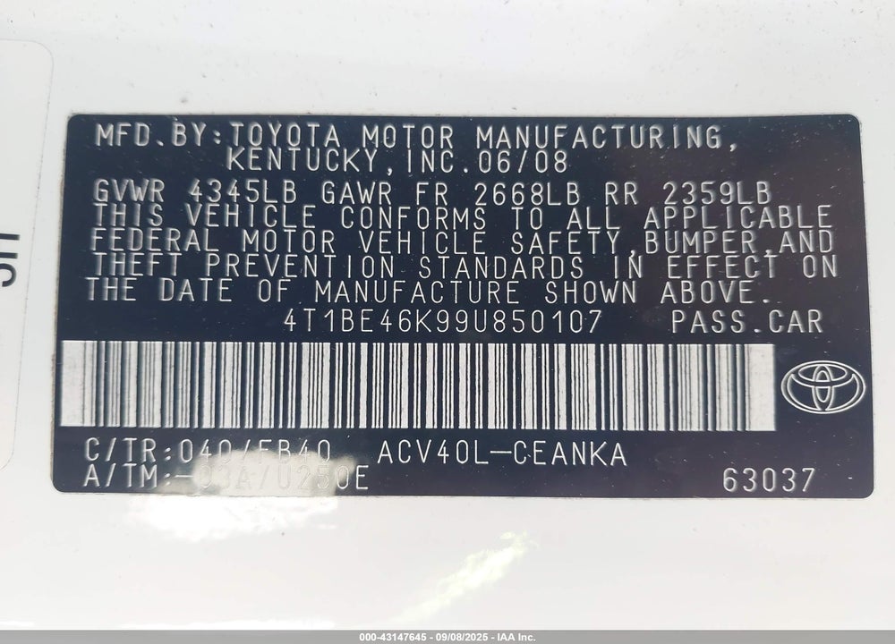 2009 TOYOTA CAMRY LE VIN: 4T1BE46K99U850107