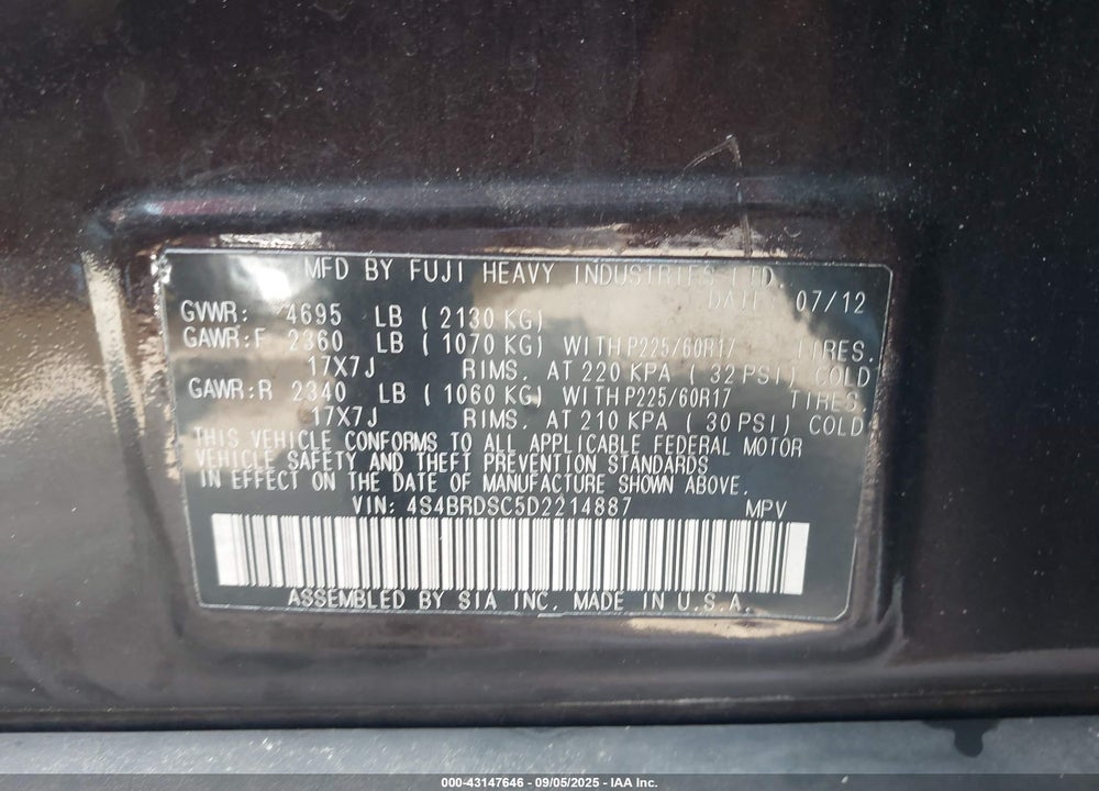 2013 SUBARU OUTBACK VIN: 4S4BRDSC5D2214887