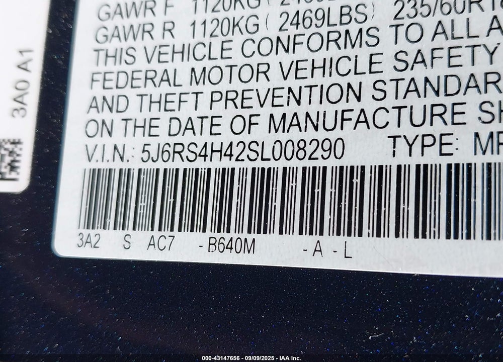 2025 HONDA CR-V VIN: 5J6RS4H42SL008290