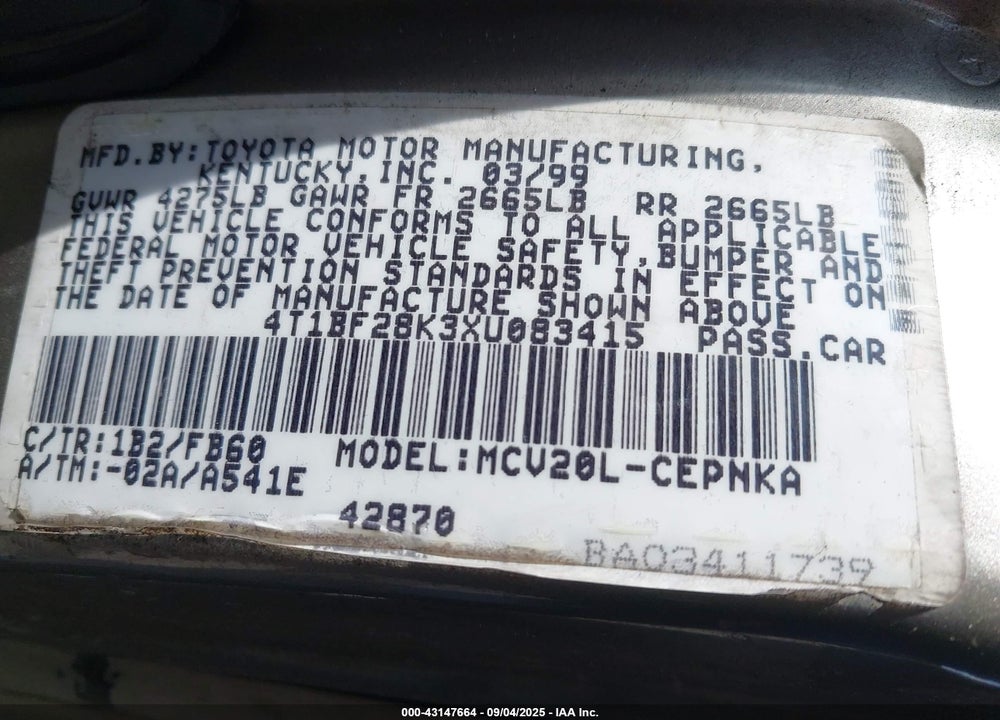 1999 TOYOTA CAMRY LE V6 VIN: 4T1BF28K3XU083415