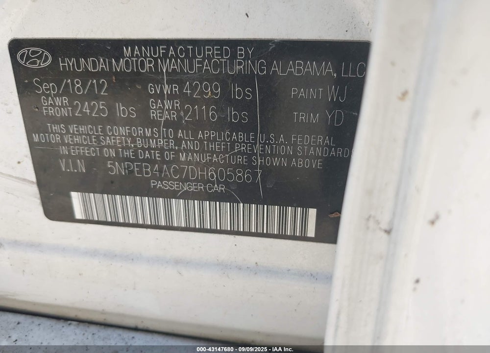 2013 HYUNDAI SONATA GLS VIN: 5NPEB4AC7DH605867