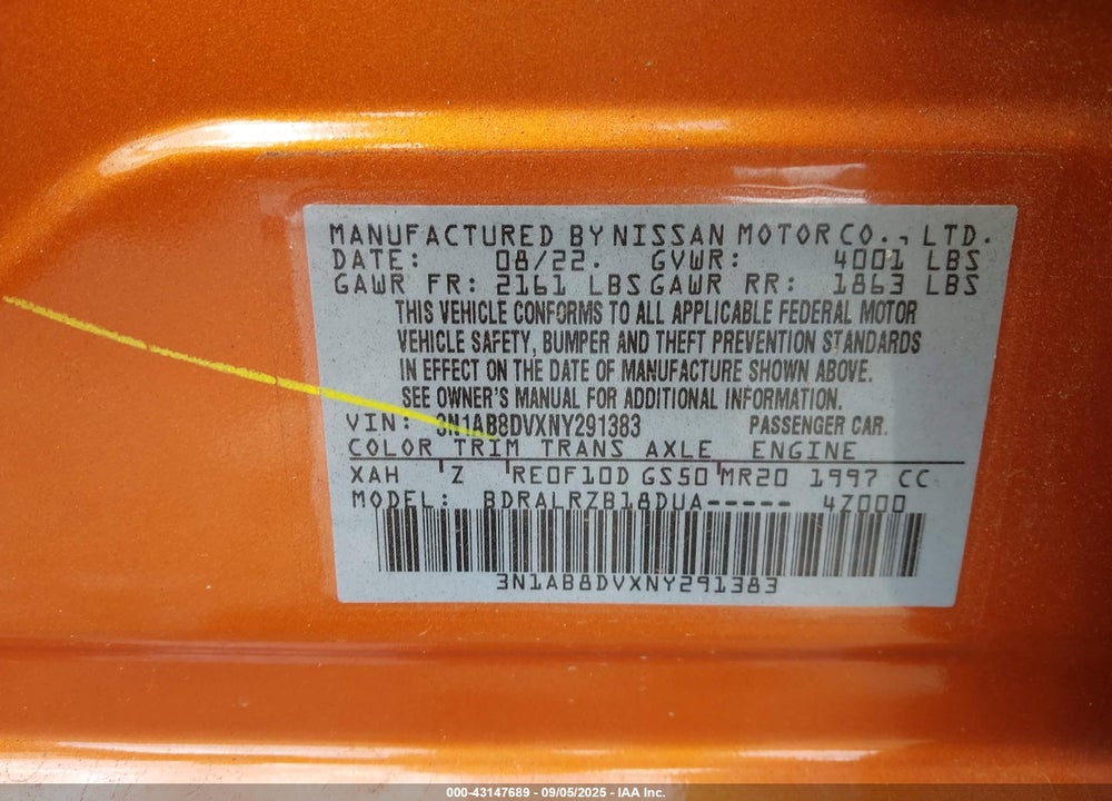 2022 NISSAN SENTRA VIN: 3N1AB8DVXNY291383