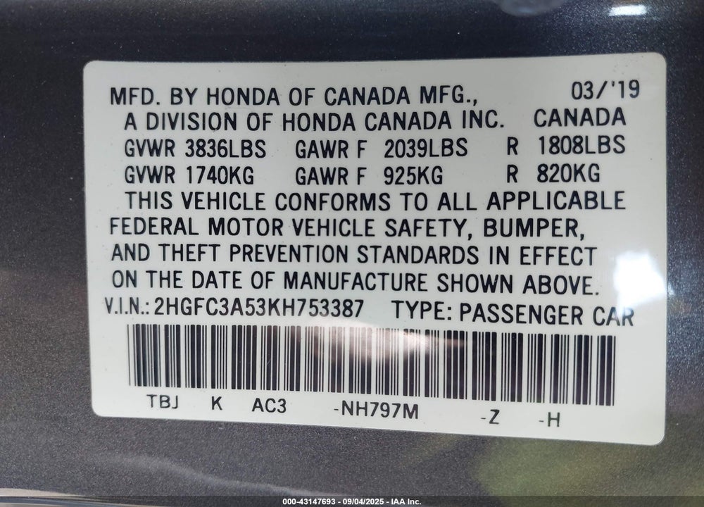 2019 HONDA CIVIC VIN: 2HGFC3A53KH753387