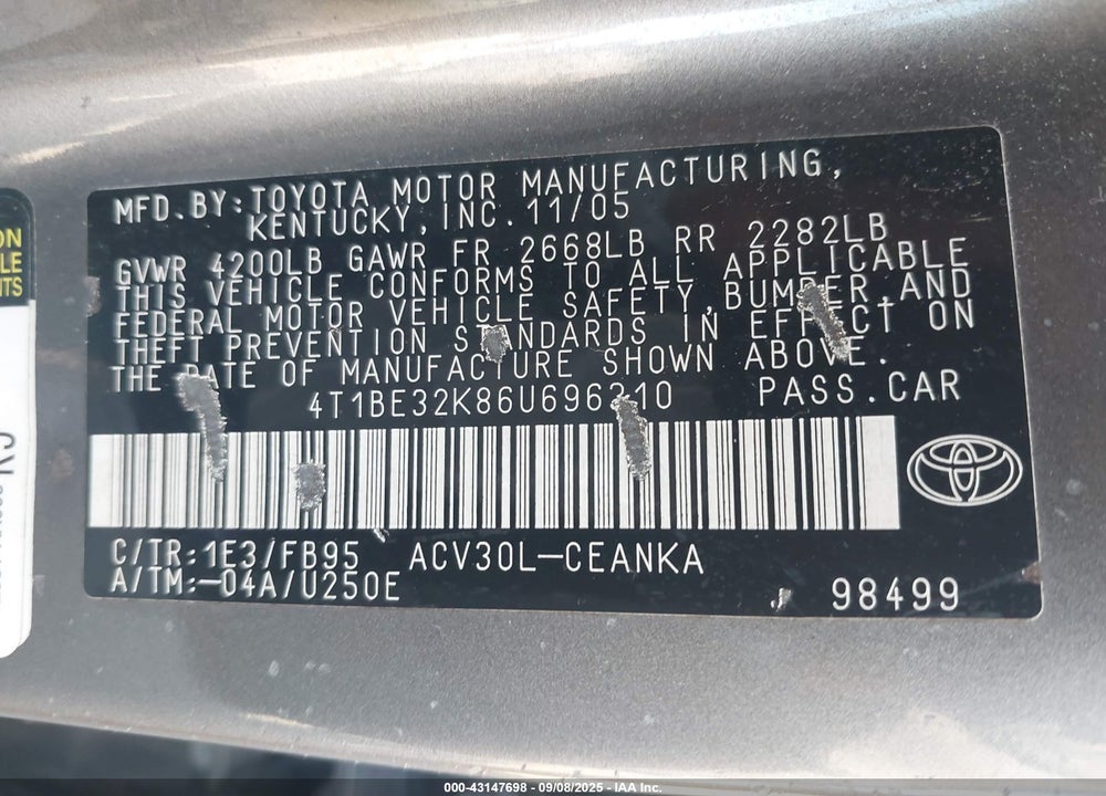 2006 TOYOTA CAMRY STD/ VIN: 4T1BE32K86U696310