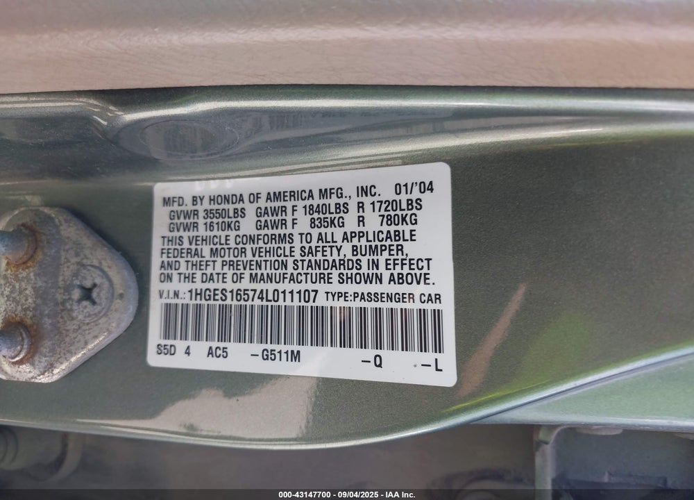 2004 HONDA CIVIC LX VIN: 1HGES16574L011107