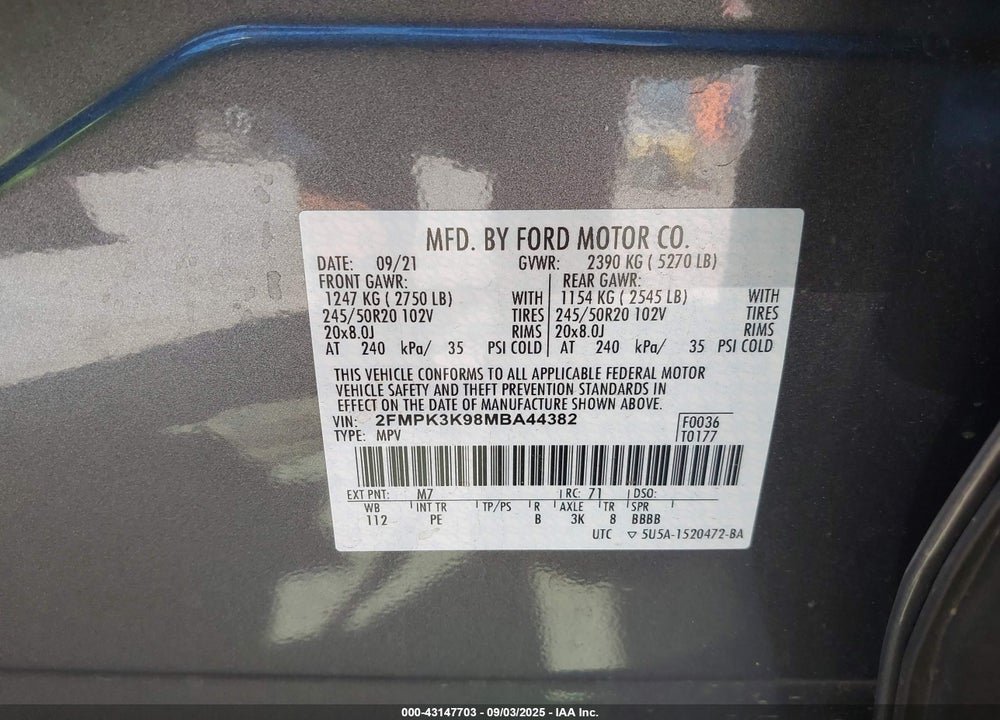 2021 FORD EDGE VIN: 2FMPK3K98MBA44382
