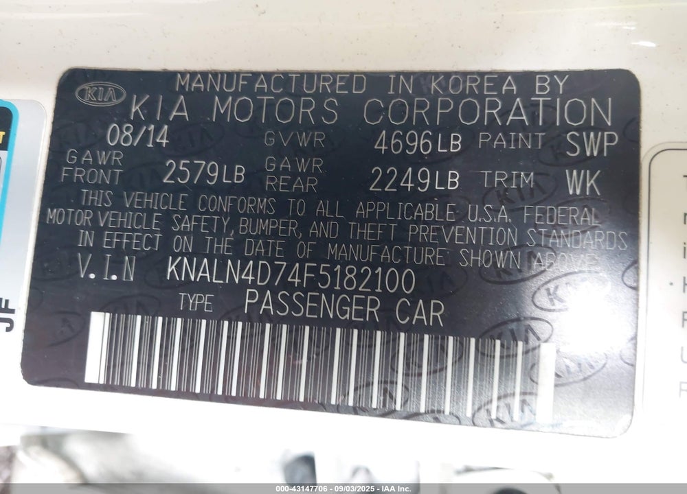 2015 KIA CADENZA VIN: KNALN4D74F5182100