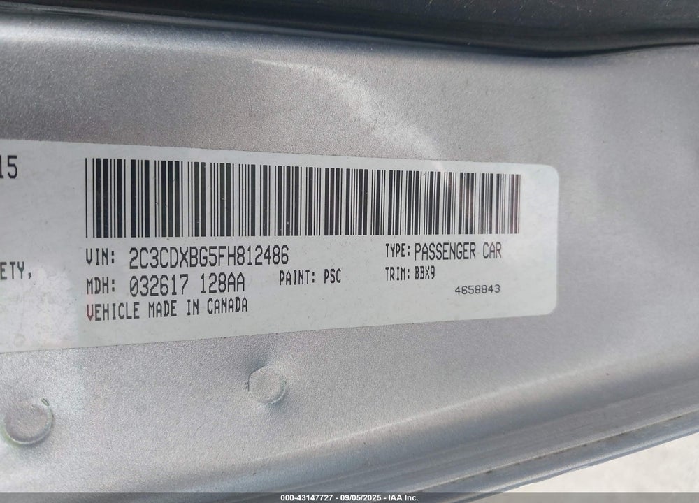 2015 DODGE CHARGER VIN: 2C3CDXBG5FH812486